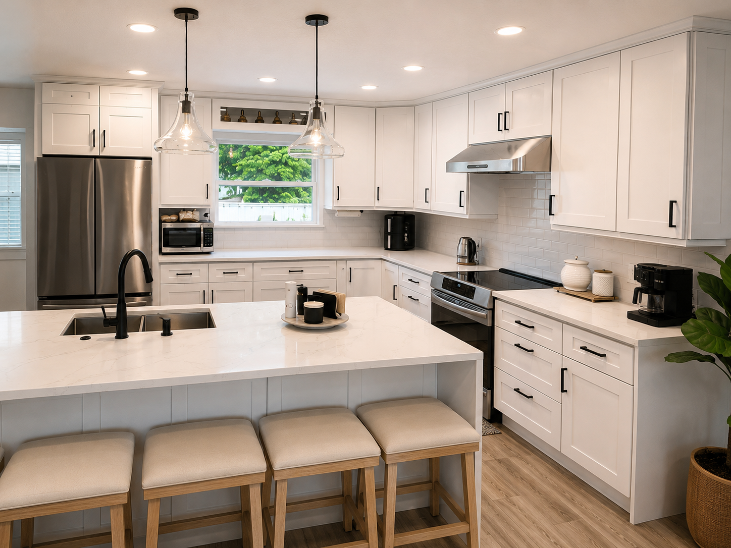 Renovated kitchen with white shaker cabinets and quartz countertops in Tampa, FL