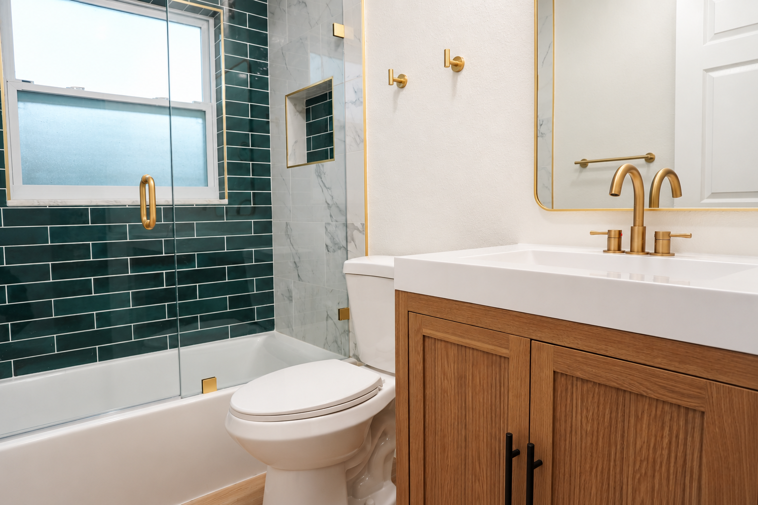 Small bathroom remodel with floating vanity and recessed storage.